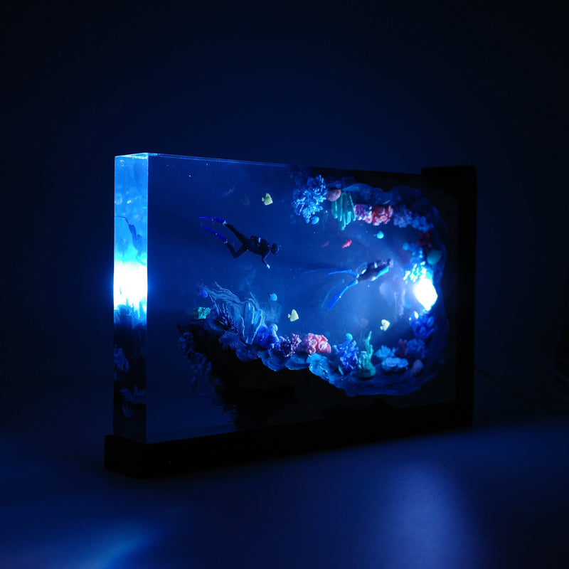 Divers Explore Coral Cave Undersea - High Quality Epoxy Resin Lamp