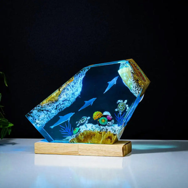 Dolphins and Turtles Undersea Ocean Diorama Epoxy Resin Lamp, Night Light