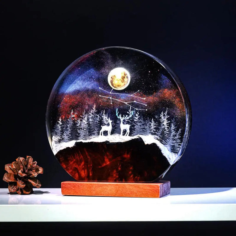 Deer In Enchanted Forest Theme Diorama Epoxy Resin Lamp, Night Light