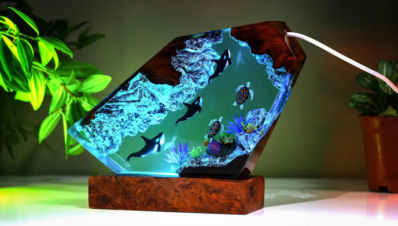 Orcas and Sea Turtles  Undersea Ocean Diorama Epoxy Resin Lamp, Night Light