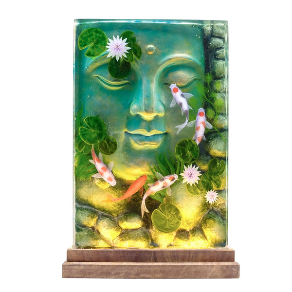 Buddha Sculpture Embodies  With Koi Fish And Water Lily 3D Painting - Epoxy Resin Lamp