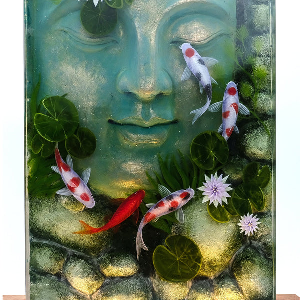 Buddha Sculpture Embodies With Koi Fish And Water Lily 3D Painting - High Quality Epoxy Resin Lamp