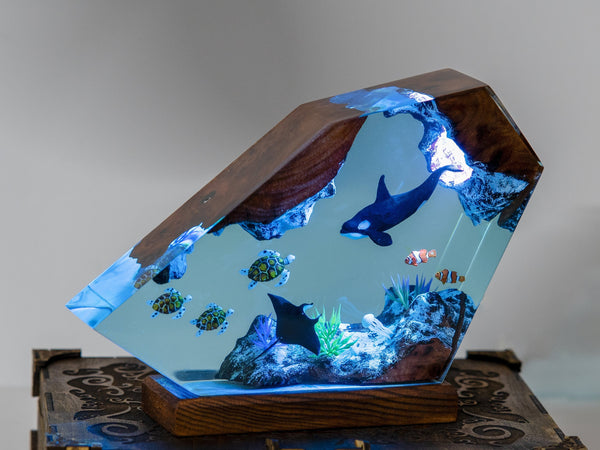 Orcas Sea Turtles Manta Ray Undersea Ocean Diorama Epoxy Resin Lamp, Night Light