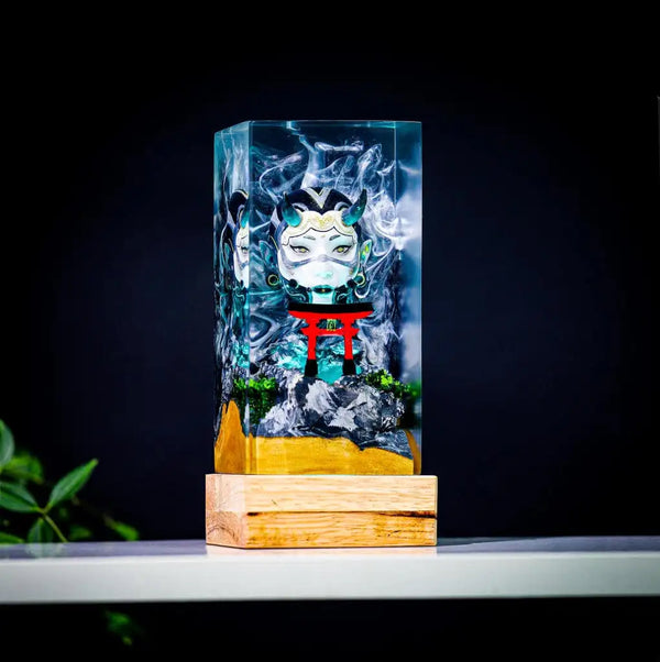 Girl Oni Mask and Torii Gate Epoxy Resin Lamp, Night Light