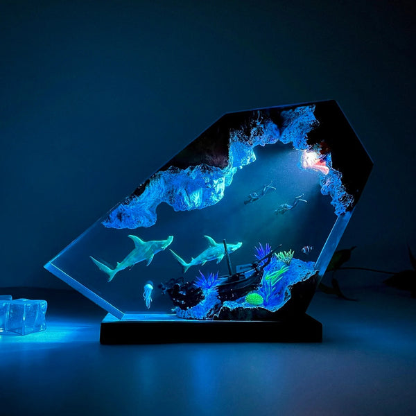Hammerhead Sharks Diver Shipwreck Undersea Ocean Diorama Epoxy Resin Lamp, Night Light