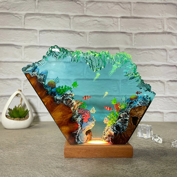 Coral Jellys Fish Undersea Ocean Diorama Epoxy Resin Lamp, Night Light