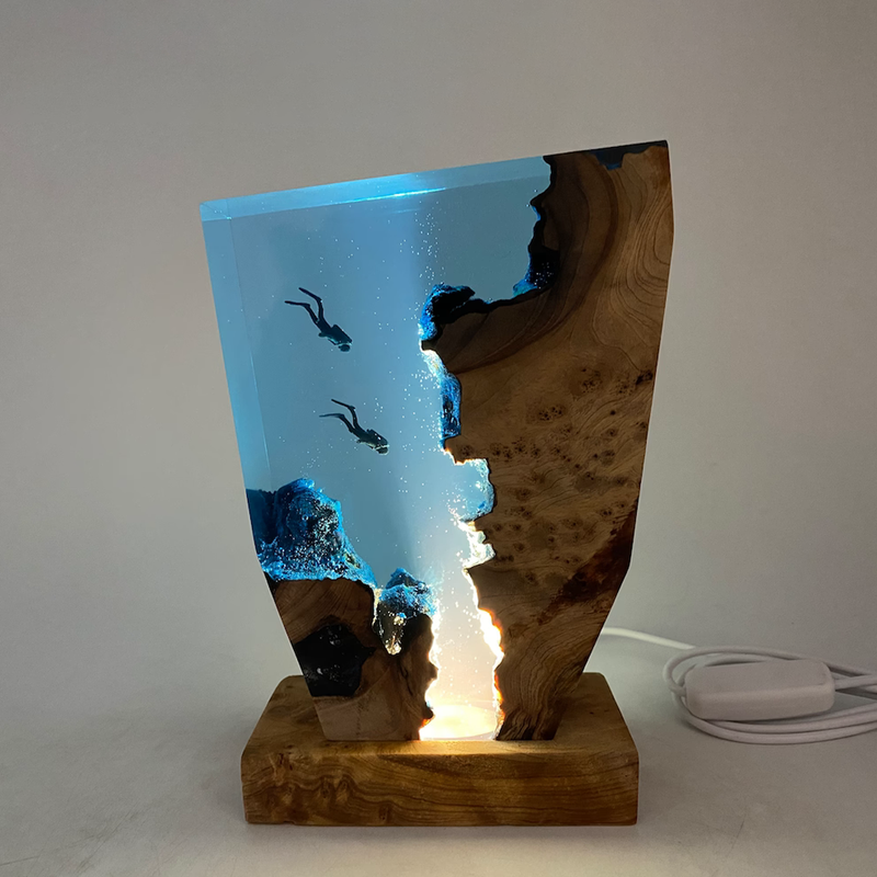 Epoxy Resin Wood Light Lamp Large Diver And Humpback Whale Led